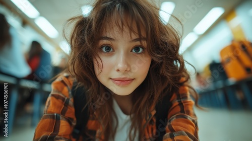 In a bustling school hallway, a student with an untamed hairstyle and flannel shirt smiles warmly at the camera, adding a sense of energy and warmth. photo