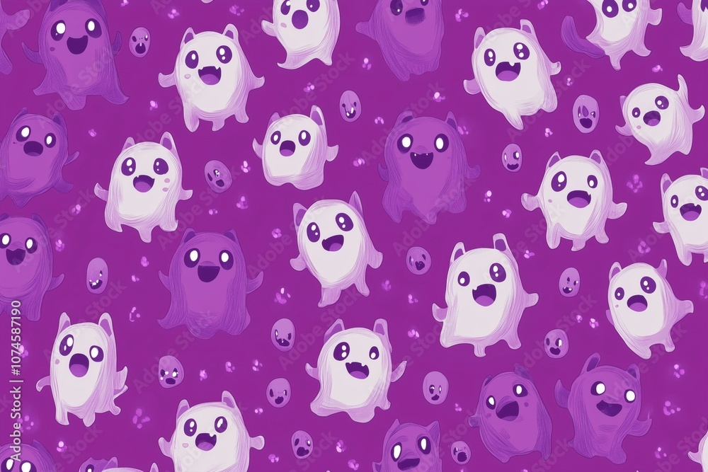 Cute ghost and panda characters on purple background, playful design