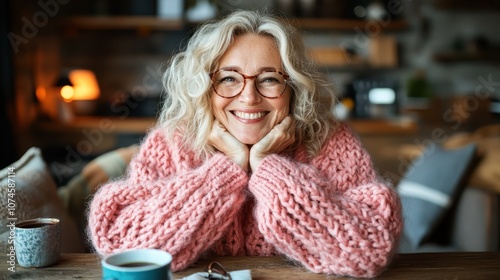 An elderly woman beams with contentment, resting her chin on her hands while sitting at a cozy table with coffee, surrounded by a warm, inviting atmosphere indoors. photo