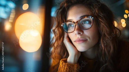 A young woman with large glasses and curly hair gazes dreamily out of frame, capturing a moment of contemplation and daydreaming in a modern setting. photo