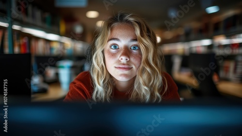 A young woman with wide eyes and an expression of surprise or excitement, sitting in a library lit by bright lights, capturing curiosity and discovery.