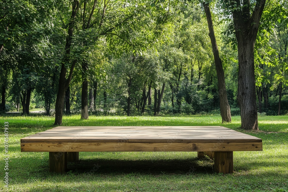 Wooden platform in lush green park surrounded by trees Wooden platform in lush green park surrounded by trees