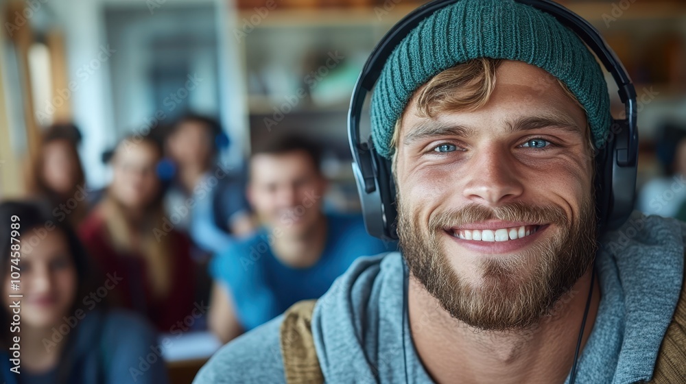 A close-up portrait of a smiling man with a beard wearing a green beanie and headphones, set in an inviting atmosphere, capturing a moment of engagement. A close-up portrait of a smiling man with a beard wearing a green beanie and headphones, set in an inviting atmosphere, capturing a moment of engagement.