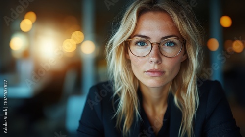 A serious professional woman with glasses, long hair, and a focused expression sits in an office setting, representing intelligence and determination. photo