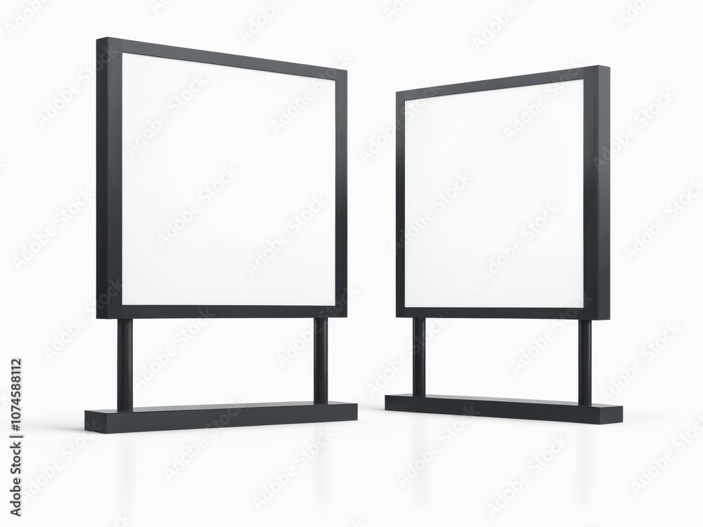 Two blank square billboards stand side by side isolated on a white background Two blank square billboards stand side by side isolated on a white background