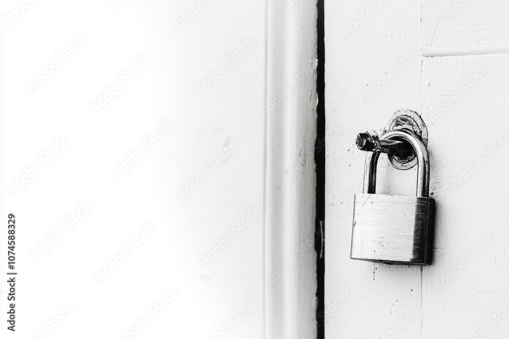 A black and white photograph of a lock on a door, useful for illustrating security or restriction themes A black and white photograph of a lock on a door, useful for illustrating security or restriction themes