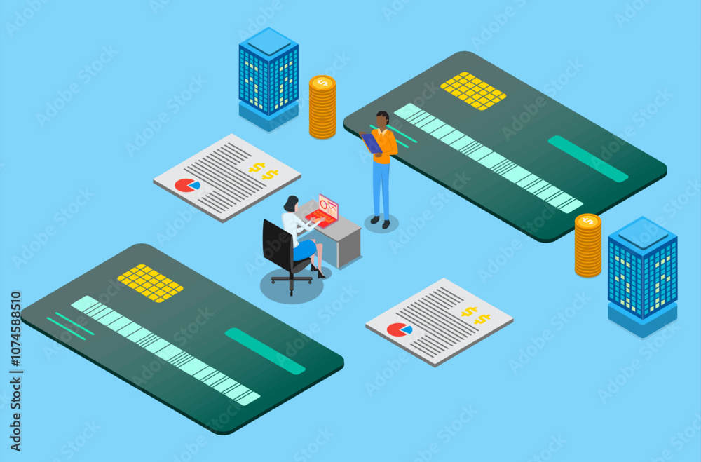 Isometric credit card for payment. Young man and woman learn about online payment. 3d vector concept for banner, website, illustration, landing page, flyer, etc. Isometric credit card for payment. Young man and woman learn about online payment. 3d vector concept for banner, website, illustration, landing page, flyer, etc.
