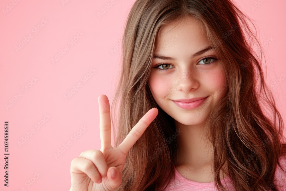 A young woman gestures a peace sign with her fingers, a symbol of harmony and non-violence A young woman gestures a peace sign with her fingers, a symbol of harmony and non-violence