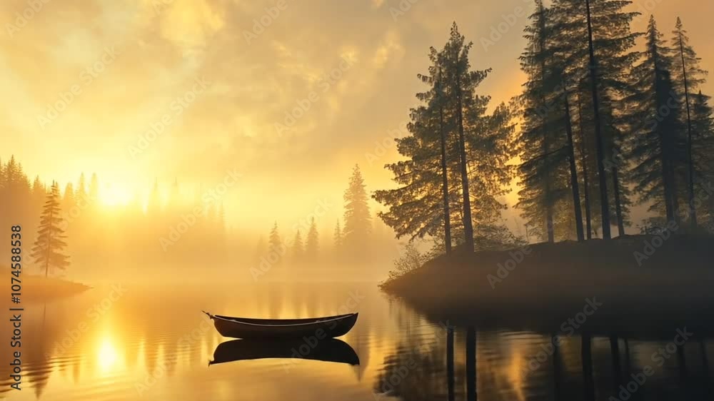 A small boat sits on a calm lake, surrounded by trees silhouetted against a golden sunset. A small boat sits on a calm lake, surrounded by trees silhouetted against a golden sunset.