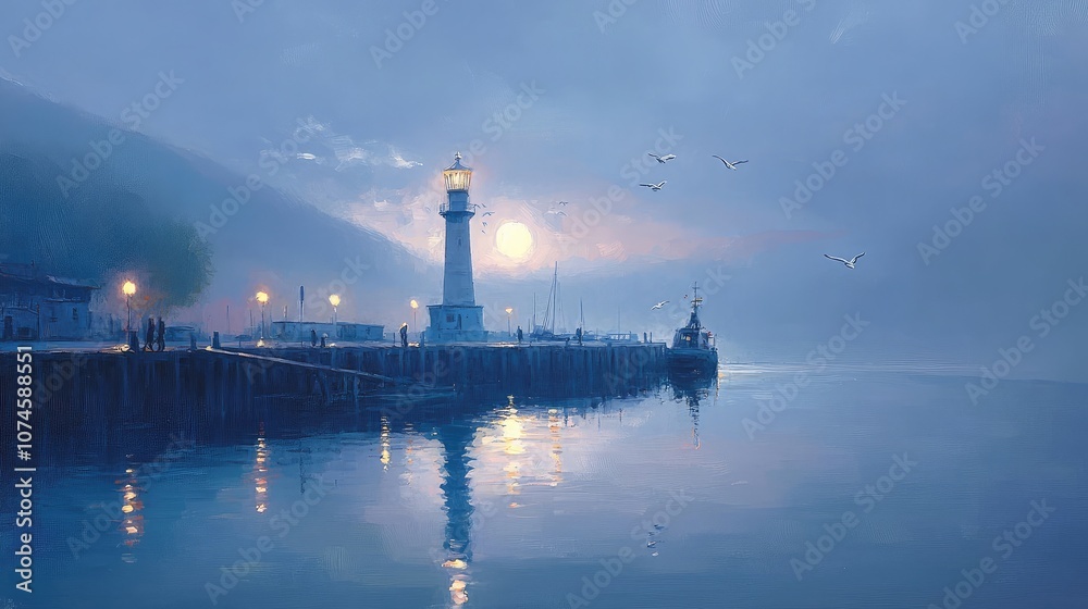Serene Coastal Scene with a Lighthouse Under a Moonlit Sky Surrounded by Calm Waters and Gentle Misty Atmosphere at Dusk in a Picturesque Harbor Serene Coastal Scene with a Lighthouse Under a Moonlit Sky Surrounded by Calm Waters and Gentle Misty Atmosphere at Dusk in a Picturesque Harbor