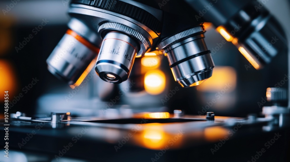 A close-up view of a microscope placed on a table, ideal for use in science and education contexts A close-up view of a microscope placed on a table, ideal for use in science and education contexts
