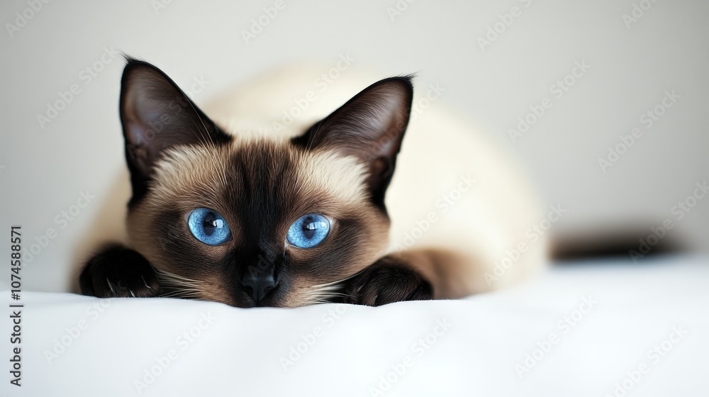 An adorable Siamese cat is lounging on a clean white surface, showcasing its striking blue eyes and distinct markings An adorable Siamese cat is lounging on a clean white surface, showcasing its striking blue eyes and distinct markings