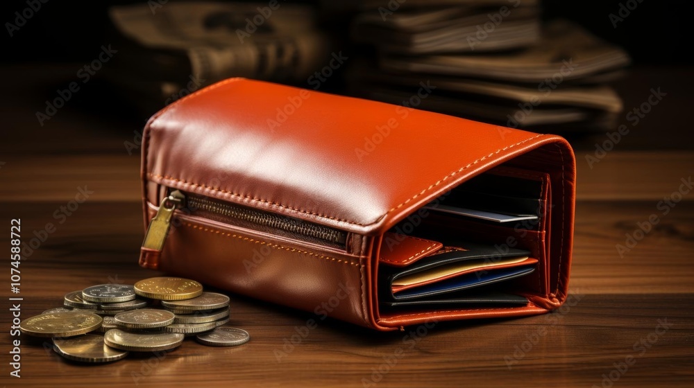 A red wallet with a zipper and a bunch of coins and cards on top of it A red wallet with a zipper and a bunch of coins and cards on top of it