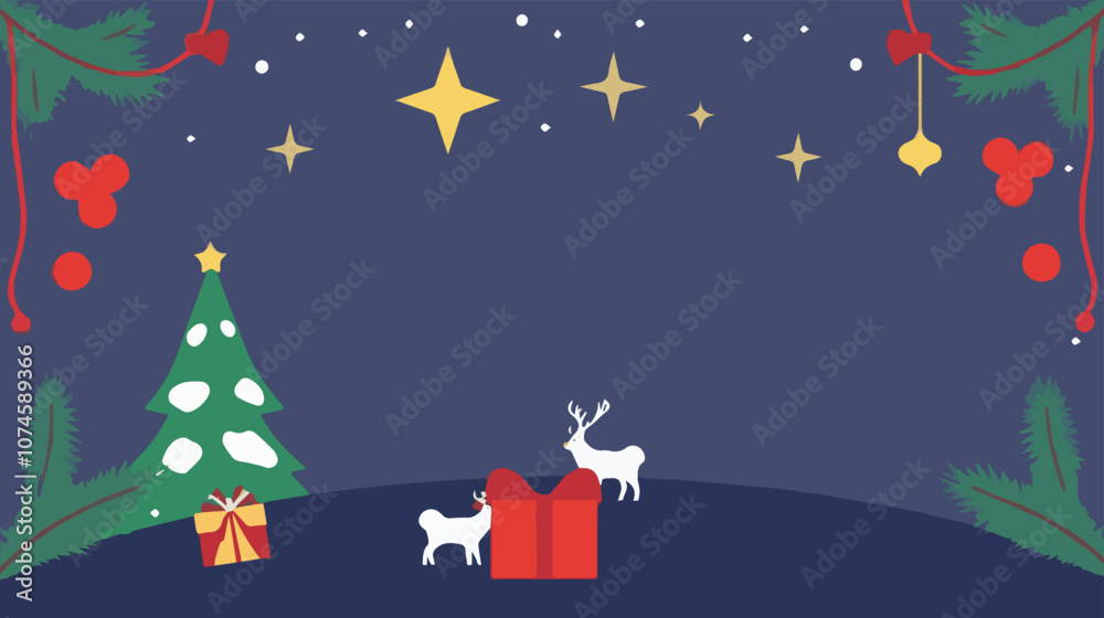 Fototapeta premium Marry Cristmas background tree, xmas, celebration, gift, box, new, year, greeting, decoration, winter, snow, holiday, illustration, night, snowflake, vector, star, 
