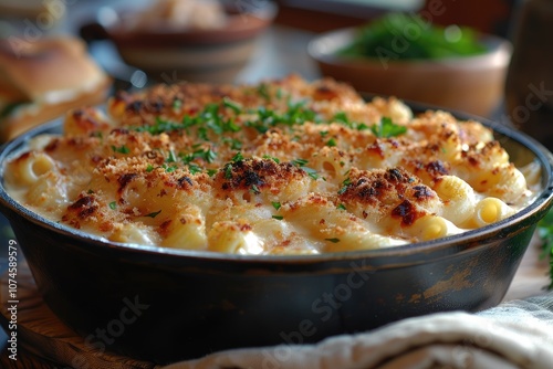 Close-up of a Creamy Macaroni and Cheese Dish with Golden Brown Crust and Parsley Garnish