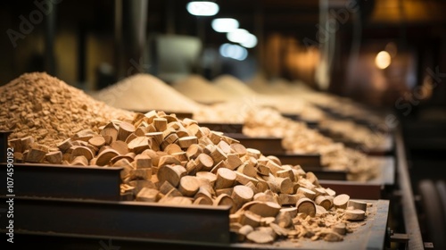 A pile of wood chips is stacked in a row