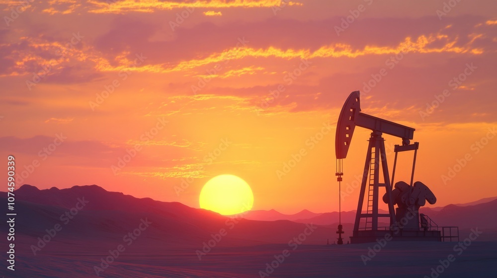 An oil pump stands alone in a desert landscape during sunset An oil pump stands alone in a desert landscape during sunset