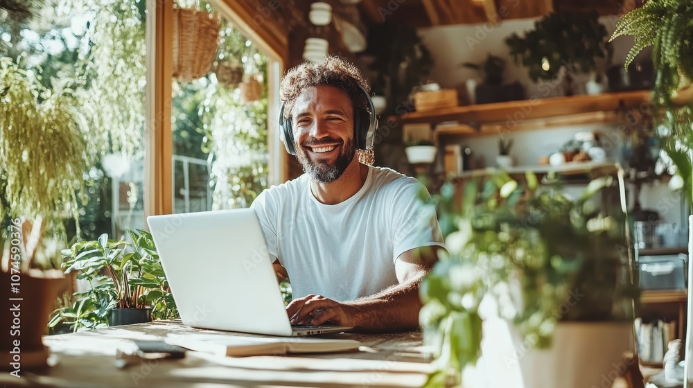 A smiling man with curly hair is seen working on a laptop in a sunlit, plant-filled room, showcasing an environment of productivity and positivity. A smiling man with curly hair is seen working on a laptop in a sunlit, plant-filled room, showcasing an environment of productivity and positivity.