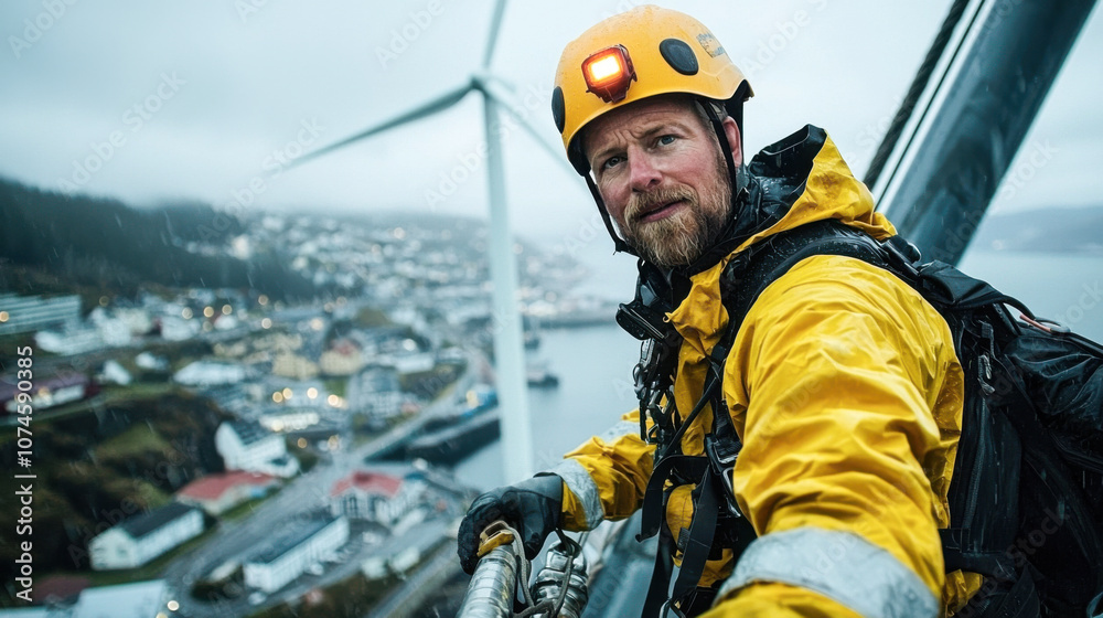 Offshore wind turbine technician in yellow rain gear, smiling confidently while working at height. Scenic coastal town and wind turbine in background create dramatic atmosphere Offshore wind turbine technician in yellow rain gear, smiling confidently while working at height. Scenic coastal town and wind turbine in background create dramatic atmosphere
