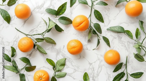 Fresh oranges with green leaves on marble background