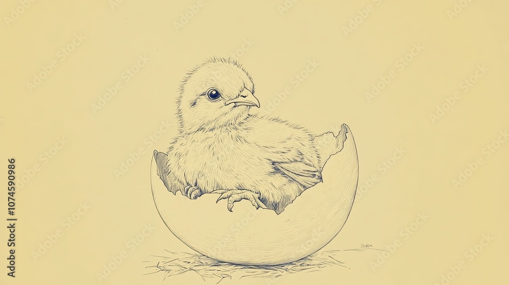 Adorable chick hatching from egg: intricate line drawing with soft pastel background Adorable chick hatching from egg: intricate line drawing with soft pastel background