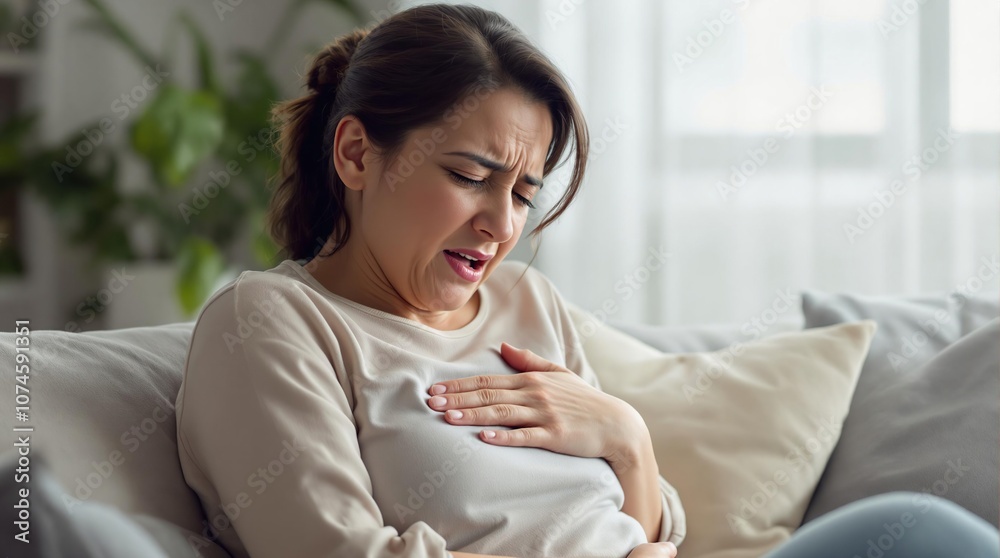 A woman sitting on her couch shows discomfort from heartburn A woman sitting on her couch shows discomfort from heartburn