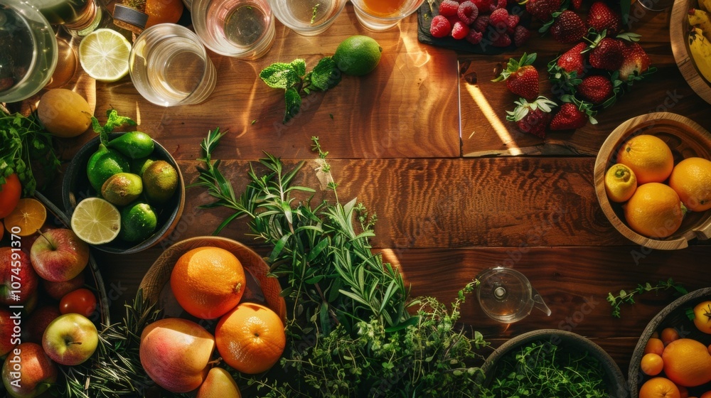 In the center of the table a variety of fresh fruits and herbs can be seen ready to be used in the creation of custom mocktail recipes. In the center of the table a variety of fresh fruits and herbs can be seen ready to be used in the creation of custom mocktail recipes.