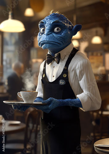 An anthropomorphic blueberry waiter stands in a vintage cafe, his grumpy expression and aged posture highlighted by realistic textures and cinematic focus. He holds a tray with coffee.