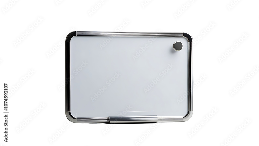 A white dry-erase board with a silver frame and a marker attached. A white dry-erase board with a silver frame and a marker attached.