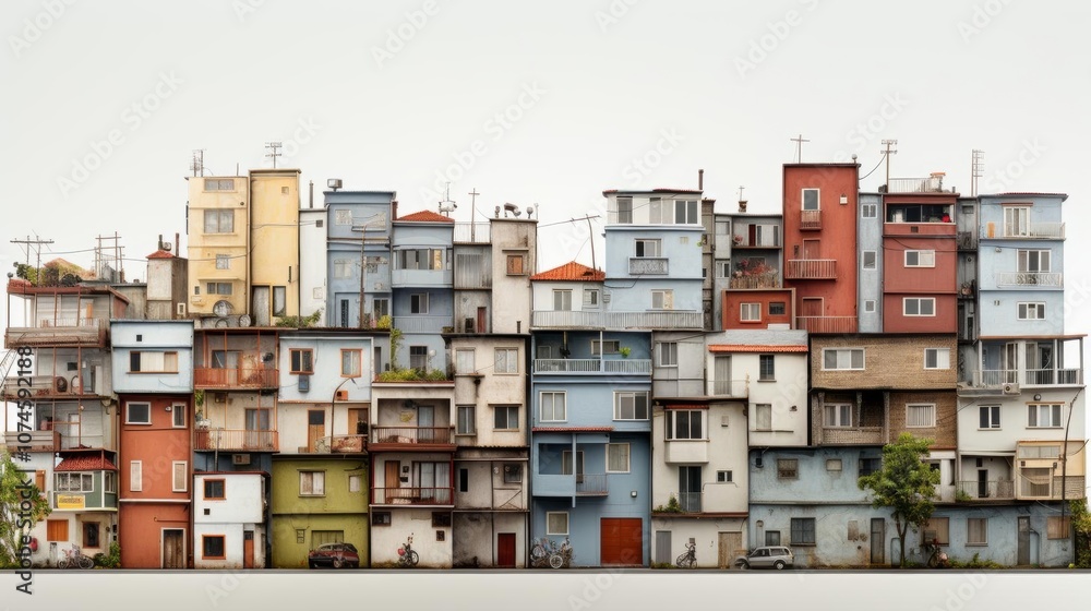 A row of colorful buildings with balconies and a green tree in the foreground A row of colorful buildings with balconies and a green tree in the foreground