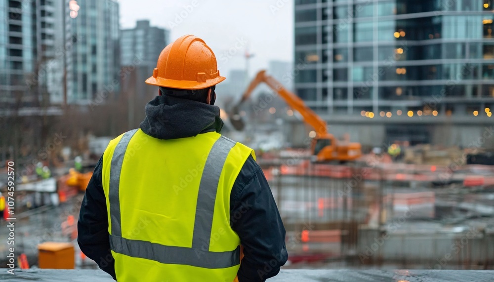 A construction worker in a safety vest and helmet observes an urban construction site, with machinery and buildings in the background. A construction worker in a safety vest and helmet observes an urban construction site, with machinery and buildings in the background.