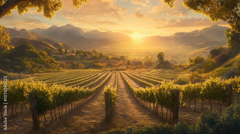 Fototapeta premium Serene Vineyard Landscape at Sunrise with Rolling Hills and Sunlit Grapevines Under a Beautiful Sky