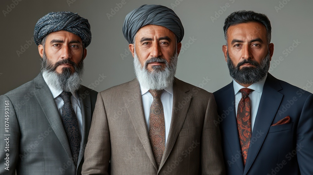 Senior team from Afghanistan, formal attire, expressions of strength and determination, isolated, white background Senior team from Afghanistan, formal attire, expressions of strength and determination, isolated, white background