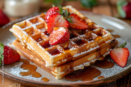 viennese waffles with strawberry and sweet syrup