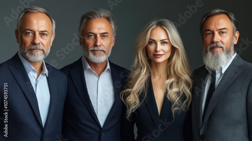 Senior team of Russian business professionals, professional attire, wise and seasoned, isolated, white background