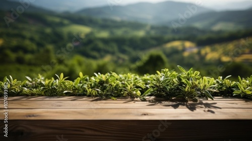 A lush green hillside with a wooden table in the foreground