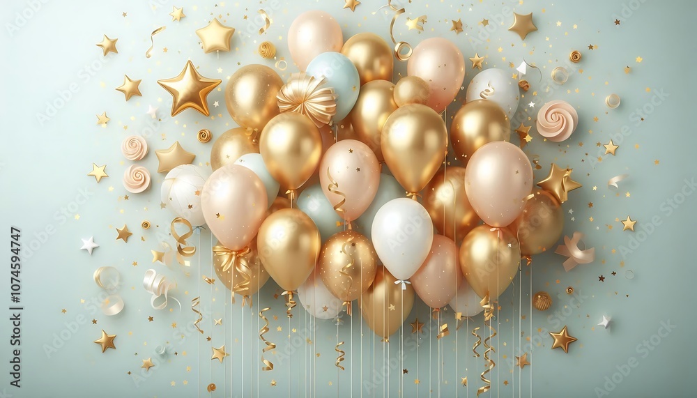 Elegant Gold and White Balloons with Stars and Ribbons. generator AI