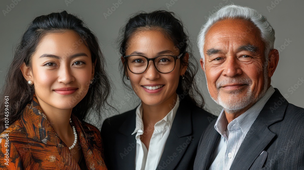 Tongan business team, mixed-generation members, formal clothing, isolated, white background