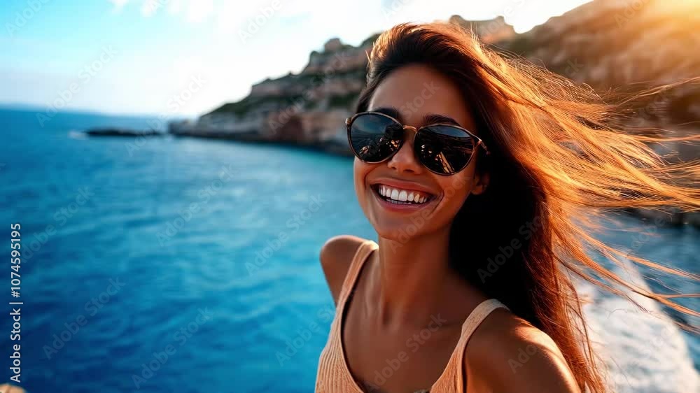 Smiling Woman in Sunglasses Enjoying Sunny Day by the Ocean Smiling Woman in Sunglasses Enjoying Sunny Day by the Ocean