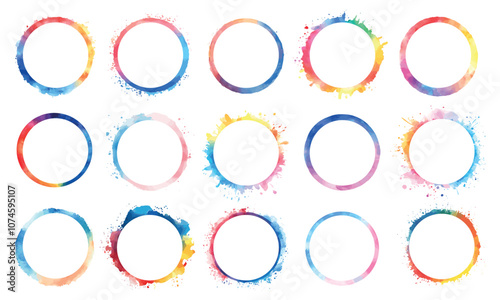 Round circle empty aquarelle frame set. Brush rainbow color splash spot shapes. Place for text in the middle. Wedding party festival decorative design element. Watercolor isolated vector clipart