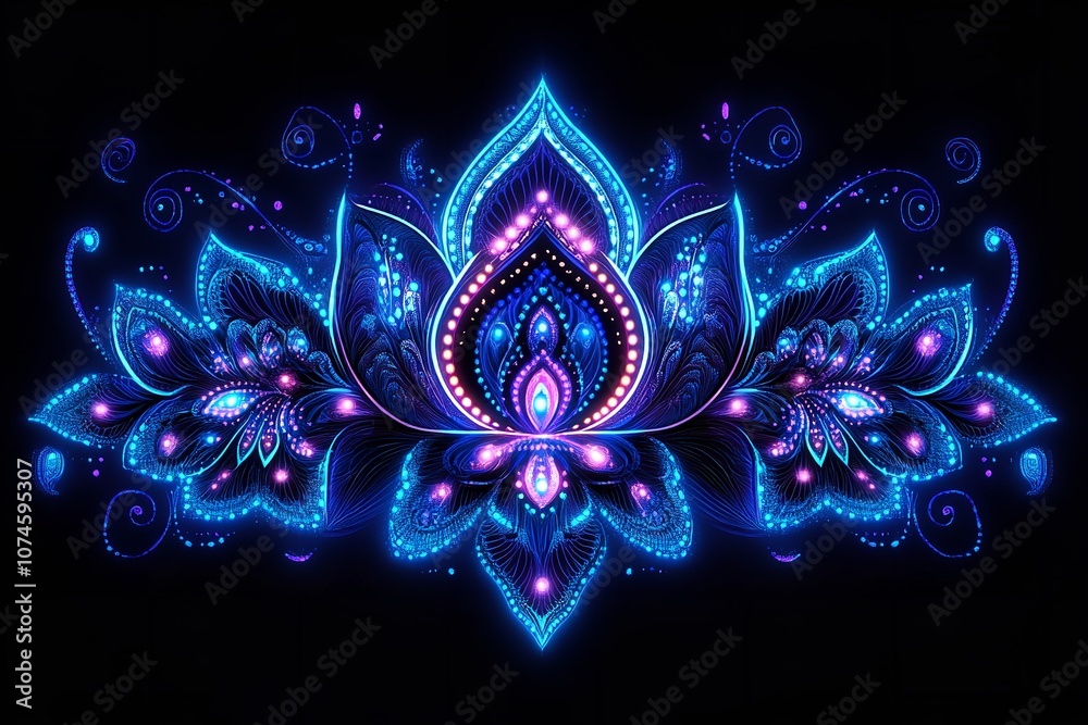 Dark Background with Radiant Symmetrical Neon Blue and Purple Patterns Illuminating the Center. Dark Background with Radiant Symmetrical Neon Blue and Purple Patterns Illuminating the Center.