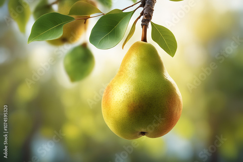 A tree with green pears hanging from it