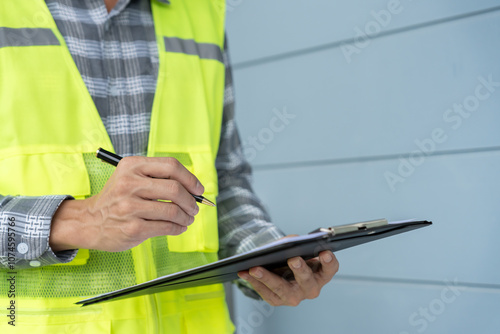 inspector or engineer is inspecting construction and quality assurance new house using a checklist. Engineers or architects or contactor work to build the house before handing it over to the homeowner