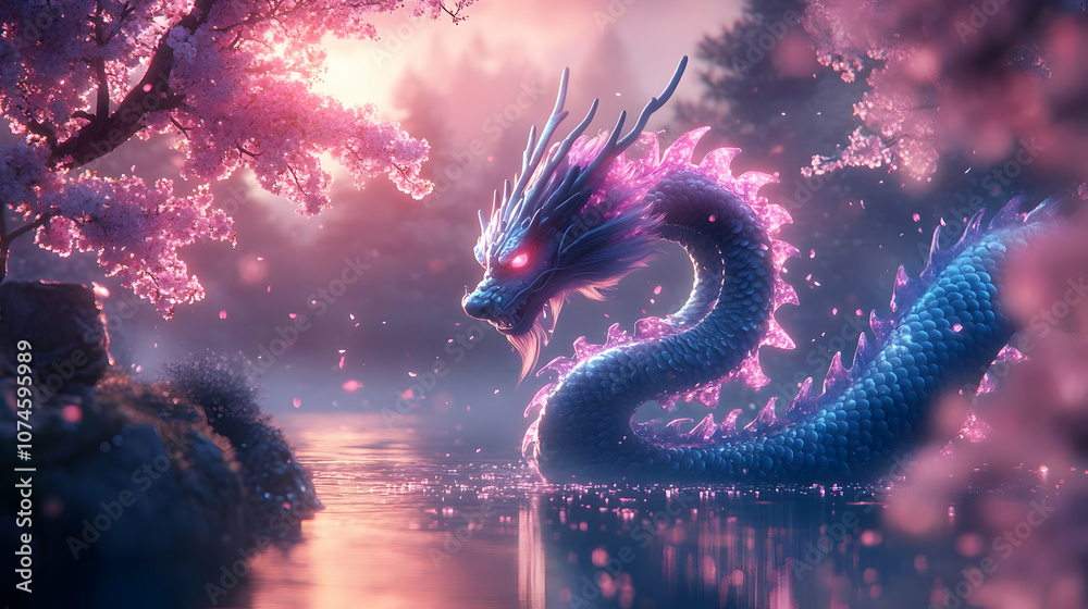 Blue Dragon Illustration in a Sakura Forest Blue Dragon Illustration in a Sakura Forest
