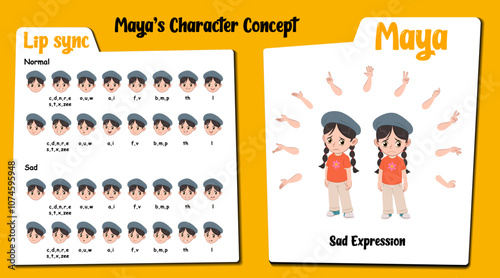 A sad girl cartoon character AKA Maya, little girl cartoon vector. Sad face expressions and lip sync. Set of cute girl with various hand gesture and front and 1/3 standing pose.