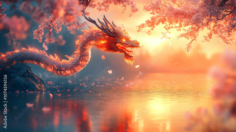 Golden Dragon Illustration with Cherry Blossoms Golden Dragon Illustration with Cherry Blossoms