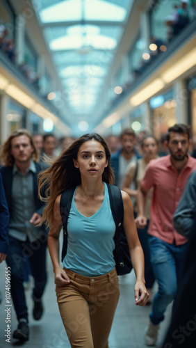 Urgent Escape: Woman Fleeing Through Crowded Mall - Dramatic Scene for Emergency Preparedness Campaign