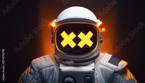 Dark astronaut with two yellow X's over his eyes, accented by orange lighting.
