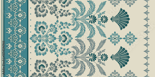 floral pattern vintage ethnic modern embroidery texture boho design vector illustration hand drawn pink flower motif branches leaves wallpaper seamless background border.