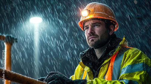 worker in yellow rain jacket and hard hat stands in rain, showcasing determination and resilience. scene captures essence of hard work in challenging weather conditions